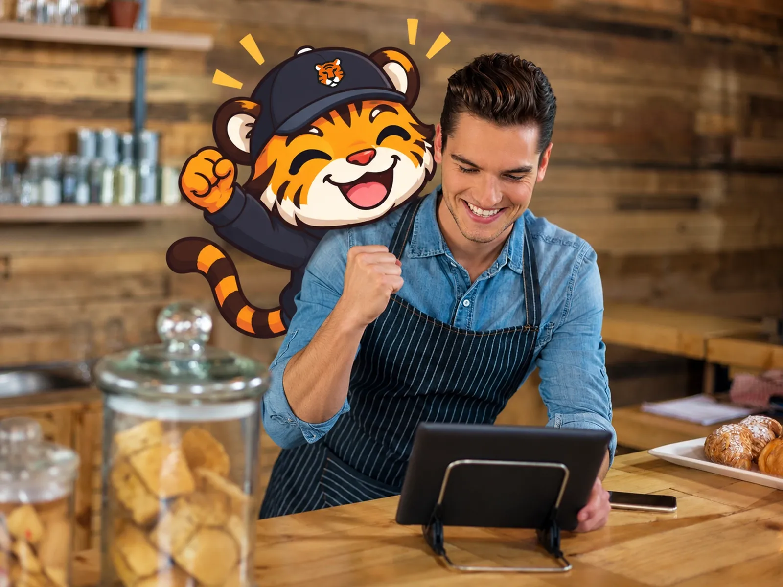 Mascota de Be Hungry celebrando con un dueño de restaurante que usa una tablet de pedidos